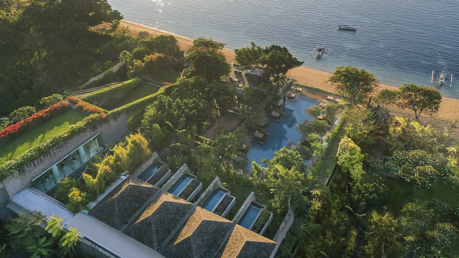 Aerial view of the beachfront resort at Maya Sanur Resort & Spa