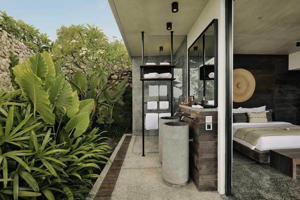 Villa bathroom and outdoor living space at MAUA Nusa Penida