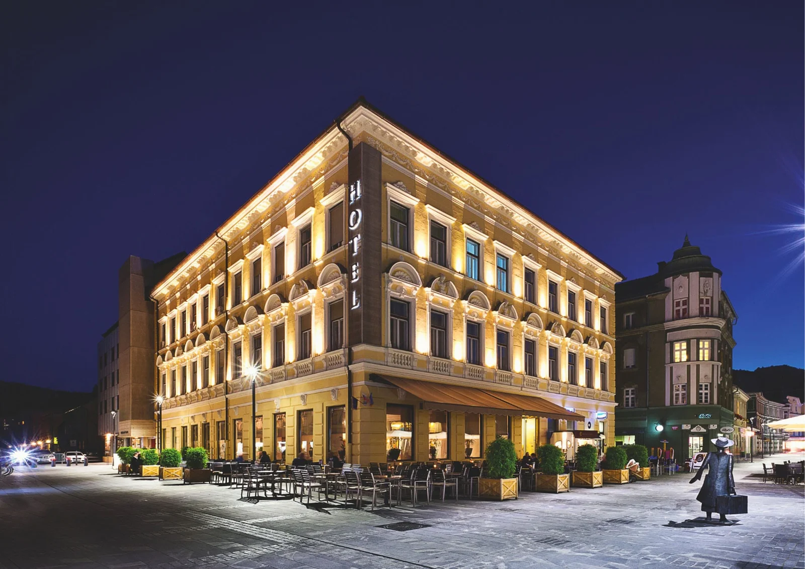 Hotel exterior at night at Hotel Evropa