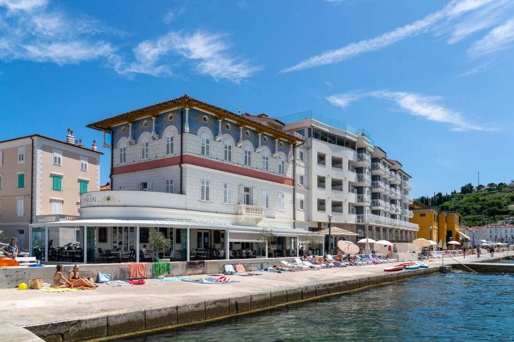 Seafront hotel exterior at Hotel Piran