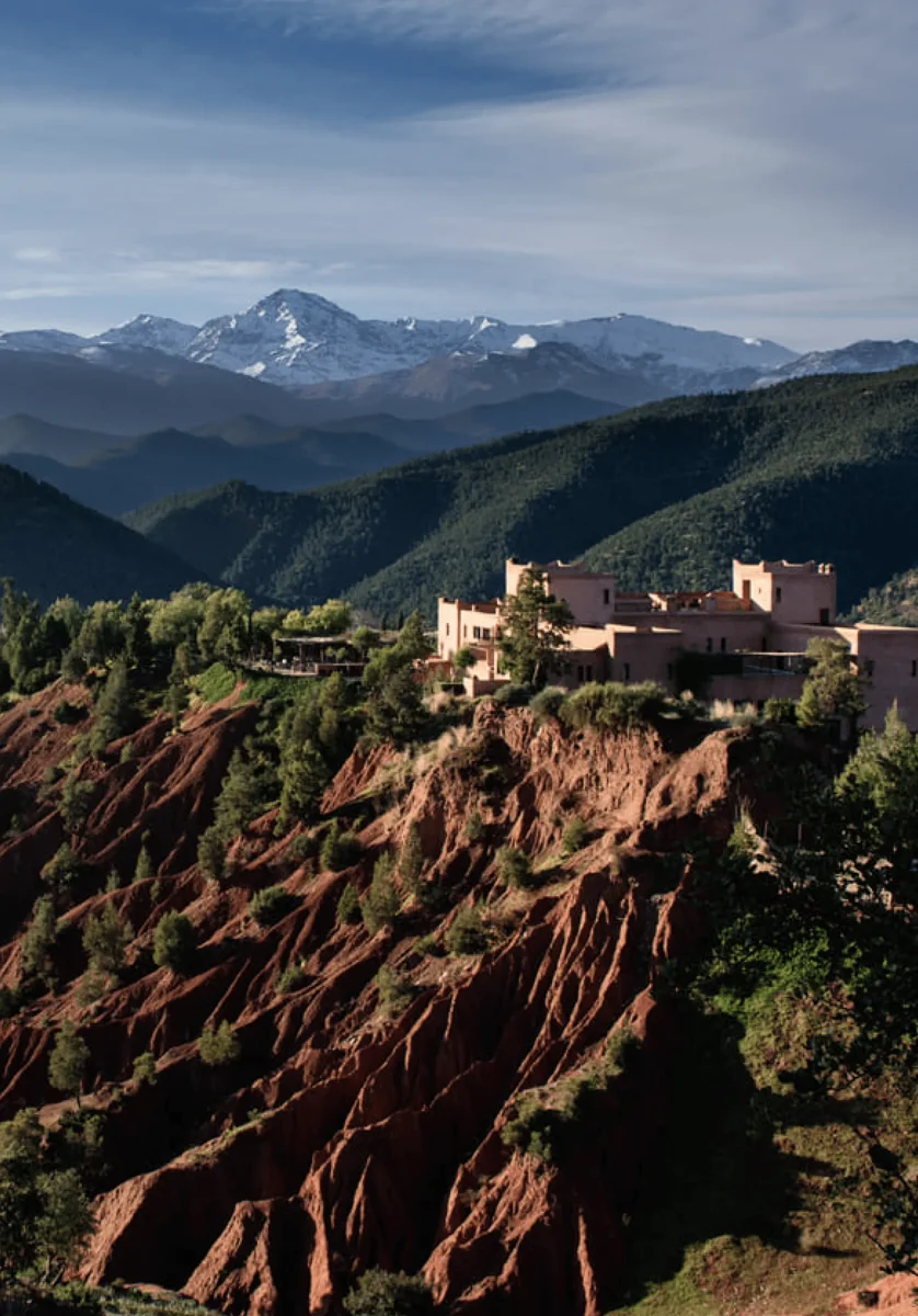 Hilltop kasbah and mountain landscape at Kasbah Bab Ourika