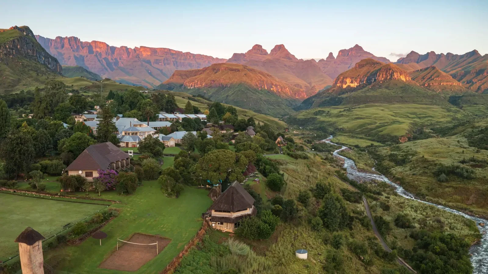 Cathedral Peak Hotel and surrounding mountains