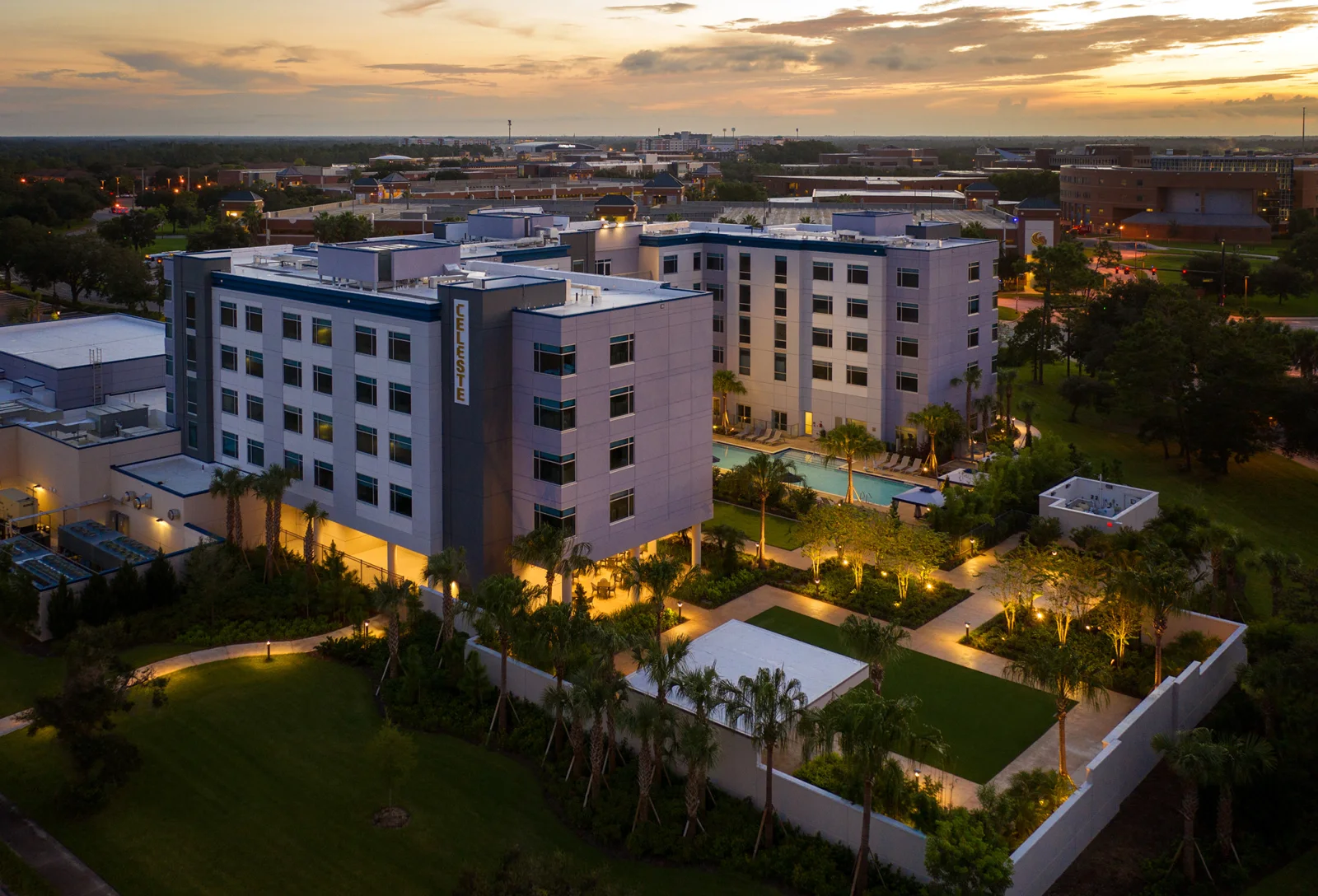 Aerial exterior of The Celeste Hotel in Orlando