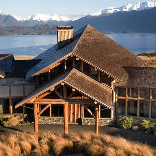 Exterior of Fiordland Lodge overlooking Lake Te Anau