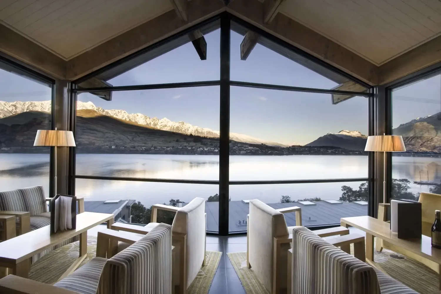 Lake-facing lounge at The Rees Hotel