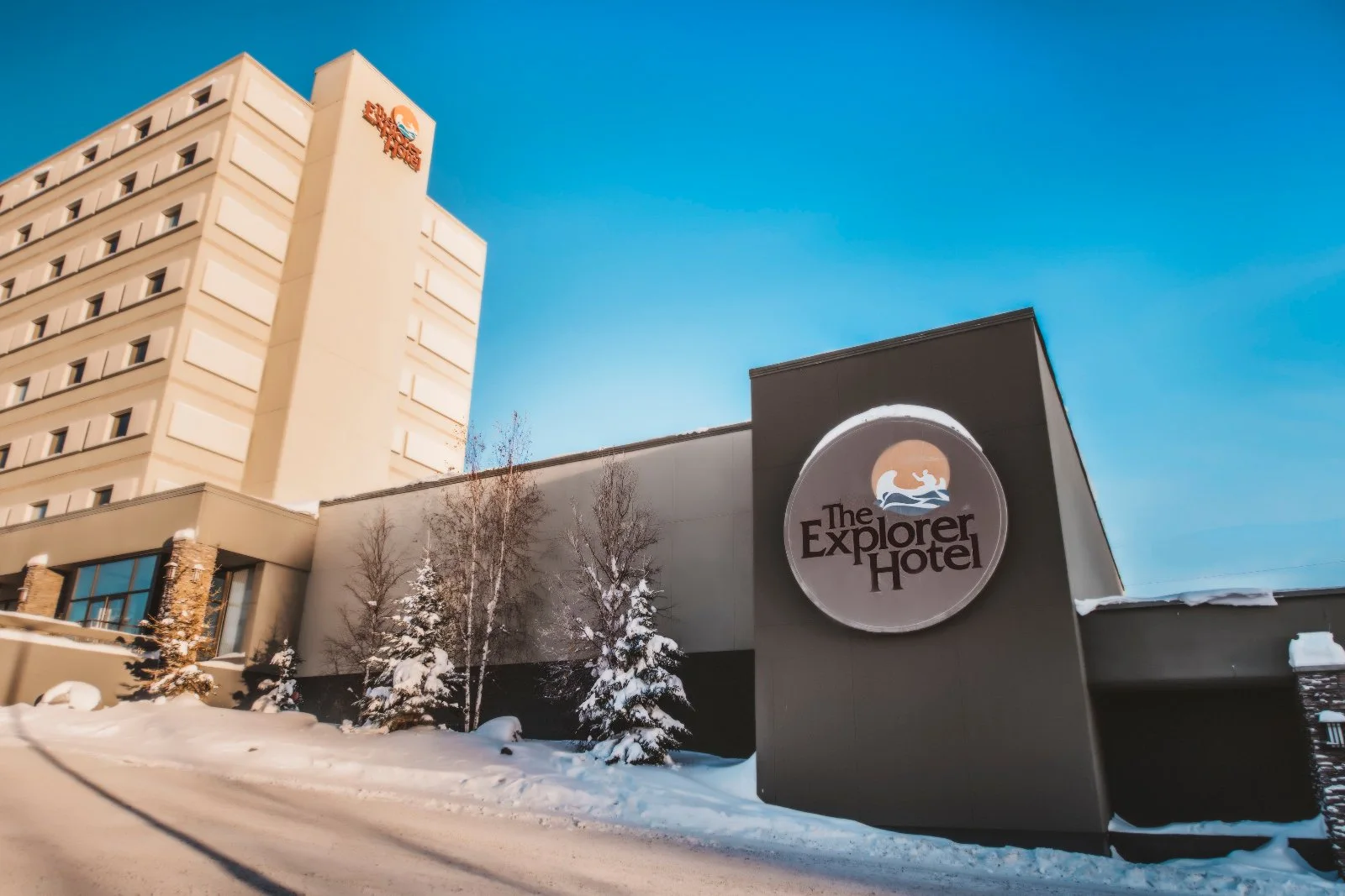 Exterior of The Explorer Hotel in winter