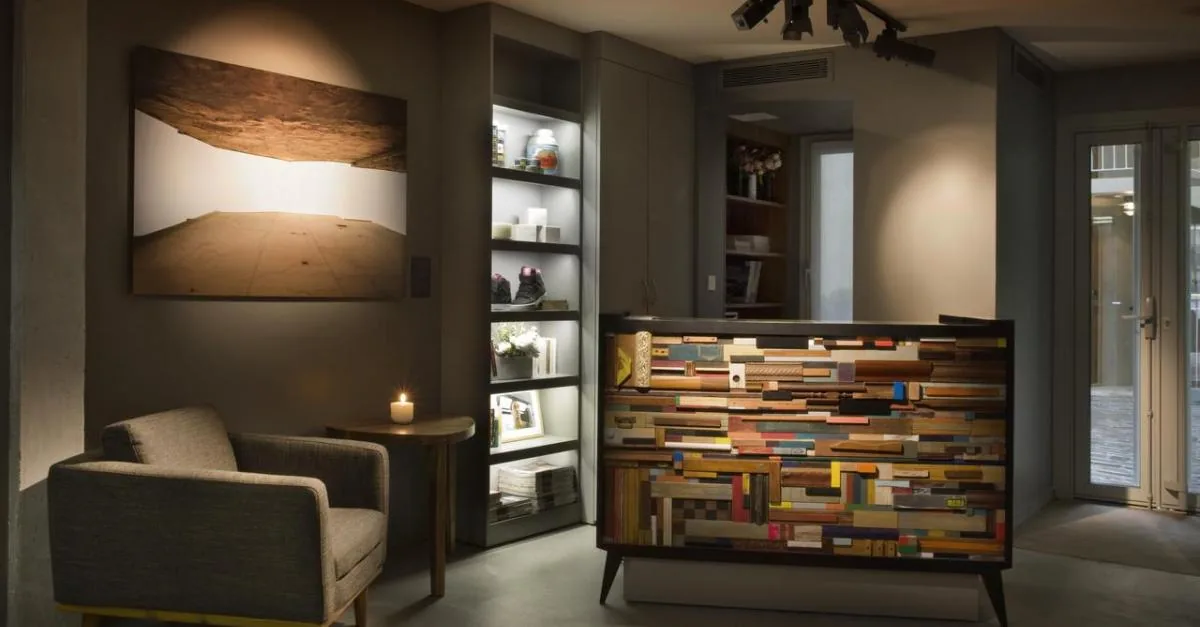 The art-filled lounge at Hôtel Jules & Jim in Paris