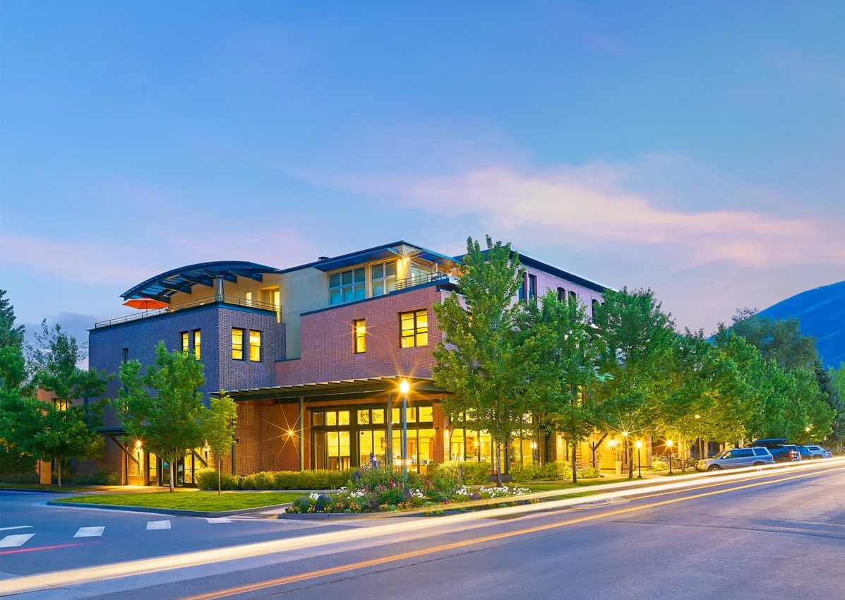 Exterior of Limelight Hotel Aspen at dusk
