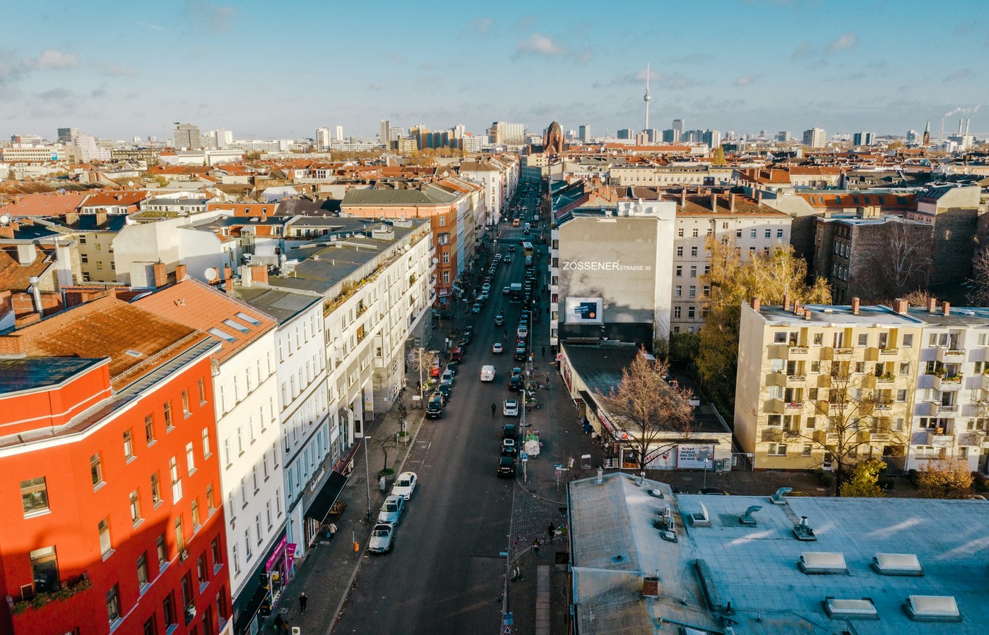 Aerial view along Zossener Straße in Berlin Kreuzberg on a winter morning