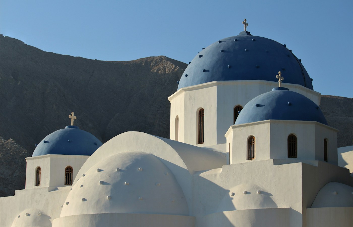Blue-domed white church in Perissa, Santorini